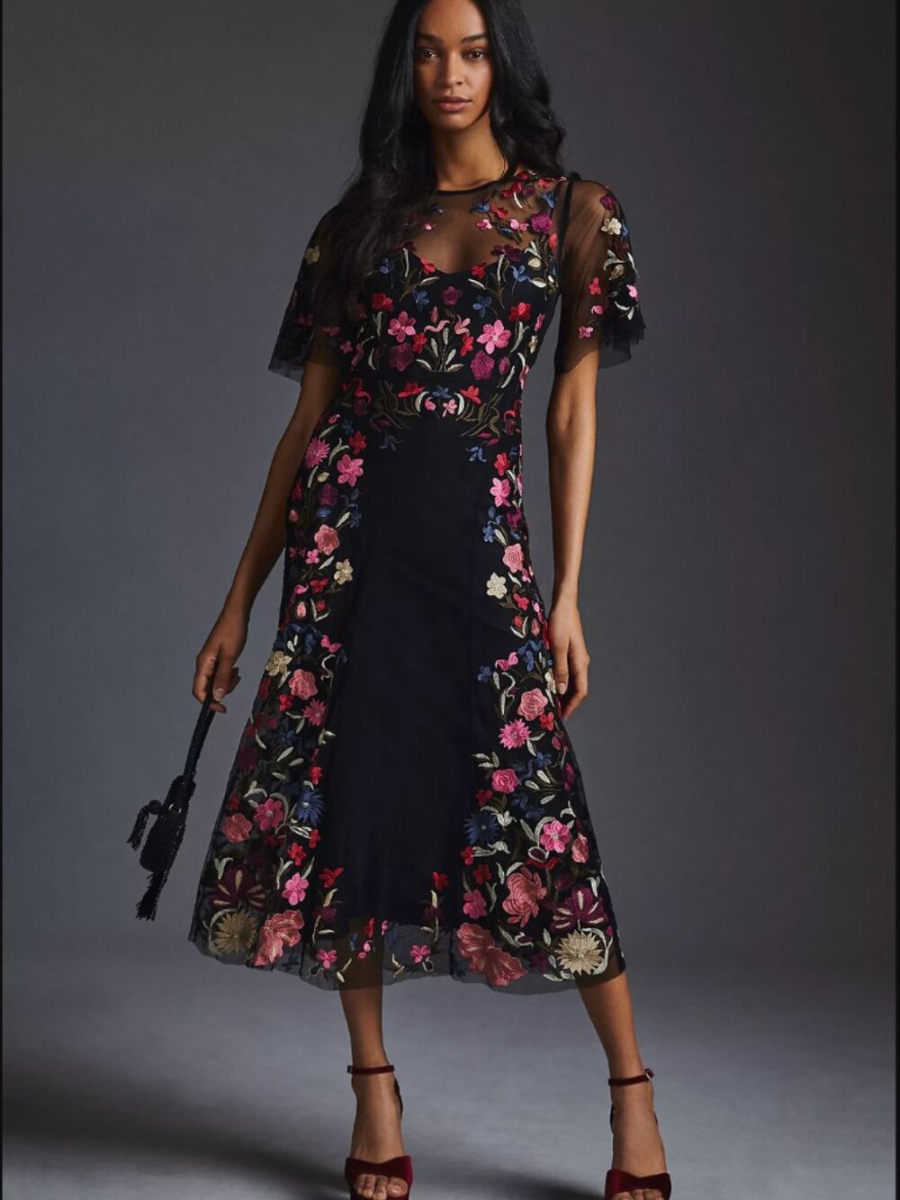 By Anthropologie Black Pink Embroidered Floral Mesh Midi Dress 10